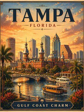 Tampa Florida Vintage Travel Poster | University of Tampa Wall Art | Gulf Coast